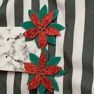 Acrylic Flower Christmas Earrings 2 x 2 inches Red Glitter & Green